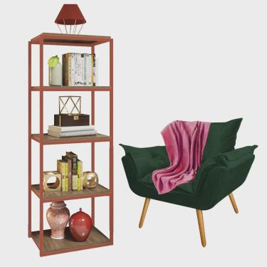 Imagem de Kit Poltrona Fatte com Manta Soft e Estante Livreiro Ferro Bronze mdf Rústico Suede Ver...