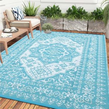 Imagem de HarmonyHealth Tapete externo 22,5 x 30,5 cm à prova d'água para pátios, tapete de palha de plástico reversível, tapetes de área grande para trailer, acampamento, deck, varanda, medalhão de praia|azul