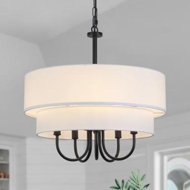 Imagem de ZCHAOZ Lustre Drum Com Cúpulas, 5 Luzes, Tecido De 2 Camadas, 18" Grande, Preto, Lustre Moderno De Fazenda Para Sala De Jantar, Luminárias Pendentes Redondas Para Quarto, Sala De Estar, Cozinha, Ilh