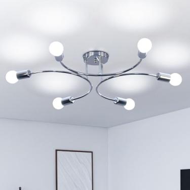 Imagem de FRIXCHUR Lustre Moderno Sputnik, Luminária De Teto Com 6 Luzes, Lustre Industrial De Meados Do Século, Luminária De Teto Embutida Em Metal Para Quarto, Sala De Estar E Cozinha (Prata)