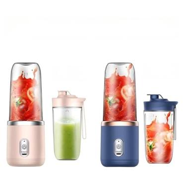 Imagem de 400ML 6 Lâminas Espremedor Elétrico Mini Liquidificador Portátil De Suco De Alimentos Misturador Leite Smoothie(2 COPOS AZUL + ROSA)