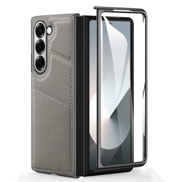 Imagem de HAO RIYLN Capa ultrafina para Samsung Galaxy Z Fold 6, capa galvanizada antiqueda com compartimentos para cartão e suporte, capa de couro premium, cinza, ZFOLD6