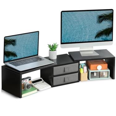 Imagem de Suporte para monitor duplo – Suporte para monitor de 3 prateleiras com gaveta, suporte de madeira para computador para monitores 2/3, comprimento e ângulo ajustável, laptop, PC, suporte de TV para mesa
