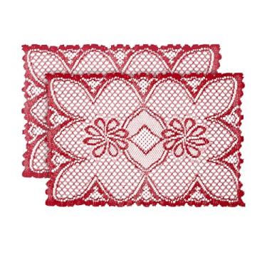 Imagem de Jayla 2 peças de jogo americano retangular de renda para mesas bordadas de renda vintage crochê floral corredor de mesa vintage casamento, decoração de festa de chá, vermelho, 30 x 43 cm