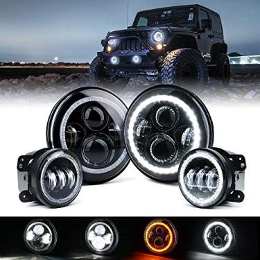 Imagem de Xprite Faróis de LED de 17,78 cm 90W e faróis de neblina de 10 cm 60W com luzes de halo brancas compatíveis com Jeep Wrangler JK 2007-2018, aprovado pelo DOT