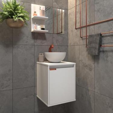 Imagem de Kit Gabinete Banheiro Completo Cuba Espelheira com Espelho Decoração Vintage de Madeira Nórdico e Puxadores Terracota(Branco)