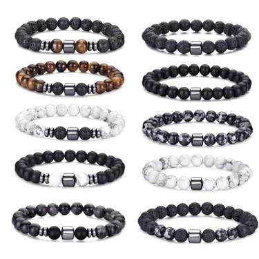 Imagem de Crgwxzl Conjunto de 10 pulseiras masculinas com contas de 8 mm, olho de tigre, pedra vulcânica, estiramento de pedras naturais, pulseira elástica de cristal preto ajustável a granel para presentes