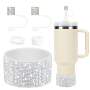 Imagem de Conjunto de acessórios de copo Stanley de strass, incluindo capas de canudo brilhante de 1 cm, tampa à prova de derramamento, bota de silicone com glitter de diamante para acessórios Stanley 1,134 g