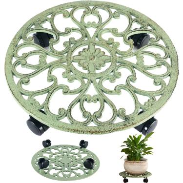 Imagem de Suporte de planta rolante de 35,5 cm com rodas Suporte de plantas de metal com rodas Suporte redondo resistente para plantas de ferro para uso interno Rolos para plantas, carrinho de plantas com pires