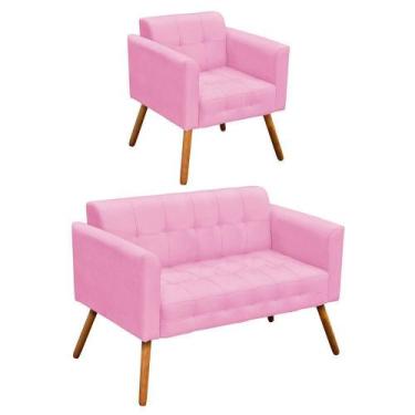 Imagem de Kit 01 Namoradeira e 01 Poltrona Elisa Suede Rosa Bebê - DROSSI