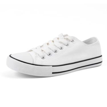 Imagem de Colgo Sapatos de lona femininos, tênis clássico com cadarço de cano baixo, confortável e respirável, sapatos de tênis casuais antiderrapantes, Branco, 36