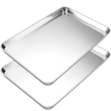 Imagem de Conjunto de 2 assadeiras extragrande, assadeiras retangulares P&P CHEF de aço inoxidável, 40 x 33 x 30 cm, resistente e grande capacidade, pode ir ao forno e à lava-louças