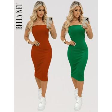 Imagem de Kit 2 Vestidos Midi Sem Alça Anarruga Tecido Grosso Moda Influencer Ve