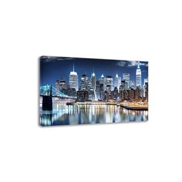 Imagem de Pintura panorâmica em tela, horizonte noturno de Manhattan de Nova York, impressão natural em tela, arte de parede em tela para decoração de parede de casa, imagem 30 x 45 cm com moldura interna