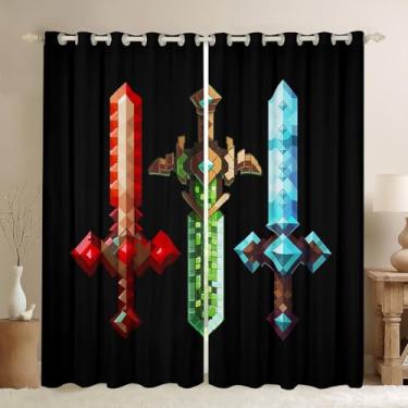 Imagem de Cortina de janela de espada colorida, cortinas para decoração de quarto de jogos de construção, caixa de areia, crianças, adultos, tratamento de janela de bloco geométrico, moderno, mineiro, preto, 30