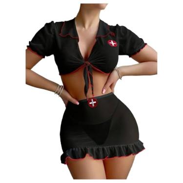 Imagem de Milumia Conjunto de lingerie feminina de enfermeira, 3 peças, sexy, transparente, roupa de fantasia com tanga preta e vermelha, grande