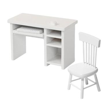 Imagem de predolo 1/12 Mini Mesa de Computador e Cadeira de Brinquedo Móveis para Casa de Bonecas com Teclado e Acessórios para Mesa Cadeira de Escritório de Madeira