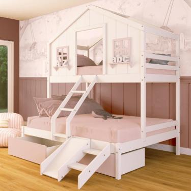 Imagem de Beliche Casal/ Solteiro Casinha dos Sonhos com 02 Gavetas Rosa Kit Escada/ Escorregador Madeira Maciça Branco/ Rosa Megamobilia