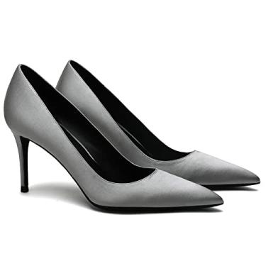 Imagem de MOOMMO Sapatos De Salto Alto Stiletto Cinza Feminino, Bico Fino, Camurça, Sem Cadarço, Cetim, Sociais, Casamento, Escritório, Sandálias Fechadas, Gatinho, Elegantes, Prateados, 7,5