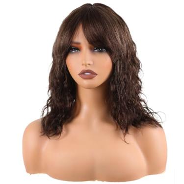 Imagem de Perucas onduladas com franja peruca de cabelo humano para mulheres brancas ombré nenhuma peruca sem cola, densidade de 150% marrom, destaque, perucas de cabelo humano virgem brasileiro feitas à
