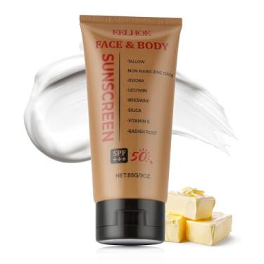 Imagem de VRAIKO EELHOE Protetor solar de sebo FPS 50 – Sebo alimentado com grama, óxido de zinco, óleo de jojoba e cera de abelha – não oleoso, proteção UVA/UVB, resistente à água e ao suor para rosto e corpo