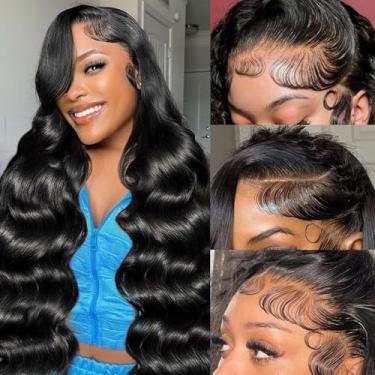 Imagem de Ailwelia Perucas de cabelo humano ondulado frontal ondulado 33 x 15 cm densidade 200 HD transparente frente de renda sem cola perucas frontais 13x6 para mulheres negras com cabelo de bebê, cor natural