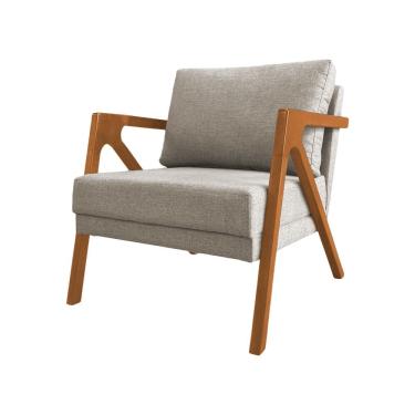 Imagem de Poltrona Decorativa Mona Luxo Base Madeira Maciça Linho Bege