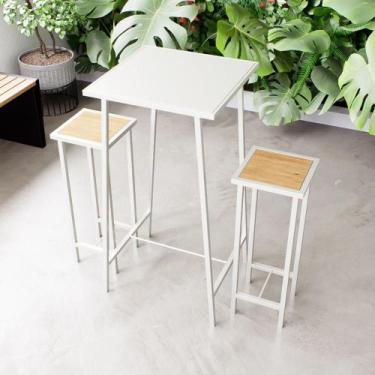 Imagem de Conjunto Mesa Alta Bar Bistrô Branca 2 Bancos Pinus  Botequim Industri