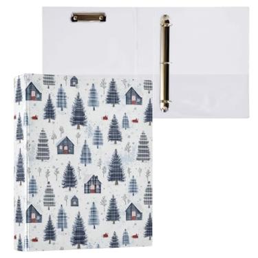 Imagem de Fichário de pinheiro xadrez de inverno com 3 anéis, fichário decorativo de 3,8 cm, com prancheta e 3 bolsos transparentes, comporta 200 folhas de papel tamanho A4 à prova d'água para escola