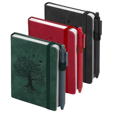 Imagem de Pacote com 3 cadernos de bolso, caderno pequeno A6 para anotações, cadernos para escrever, mini blocos de notas com suporte de caneta, 120 páginas, papel grosso de 100 g/m² - verde, vermelho e preto