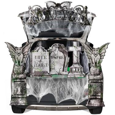 Imagem de JOYIN Decoração de garagem com gárgulas, monumento de arco, teia de aranha e tecido não tecido para porta de carro, garagem e decoração de Halloween ao ar livre