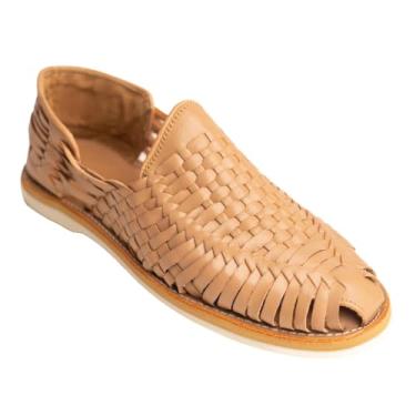 Imagem de Mexico en la Piel Sandálias masculinas Huaraches de couro feitas à mão – Couro tecido legítimo, sapatos casuais confortáveis e respiráveis – Tan & Shedron, Bronzeado, 44