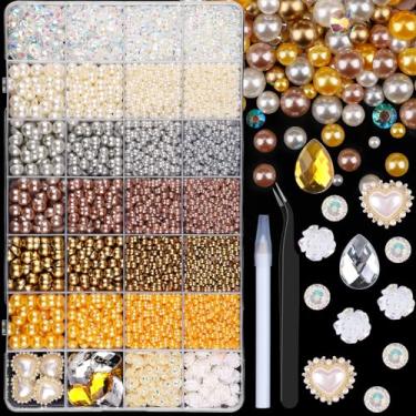 Imagem de 11200 peças de pérolas planas e strass de resina para artesanato, cores de casamento 3-8 mm meias pérolas e strass de geleia de 3-6 mm com ferramentas de captação, pedras de gota para artesanato DIY