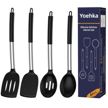 Imagem de Yoehka Conjunto de utensílios de cozinha de silicone para panelas antiaderentes, 4 peças, conjunto de espátula e colher de silicone resistente ao calor com alça de aço inoxidável, mistura, virar