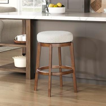 Imagem de Lexicon Banco de bar giratório com altura de pub de meados do século, assento estofado branco e moldura de madeira maciça, costas nuas, bancos giratórios de 360 graus, conjunto de 2 para ilha de