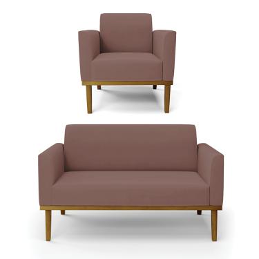 Imagem de Sofá Namoradeira com Poltrona Base de Madeira Fixa Castanho Marisa Veludo Rosê  D03 - D'Rossi
