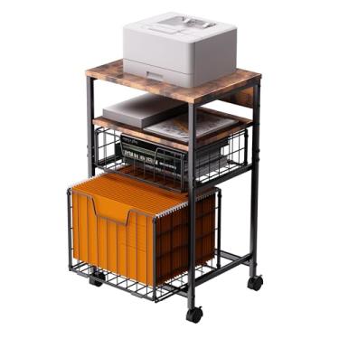 Imagem de ZNMYDMT Carrinho de arquivo de 4 camadas | Armário de arquivo móvel de 2 gavetas e suporte de impressora com organizador suspenso - marrom escuro