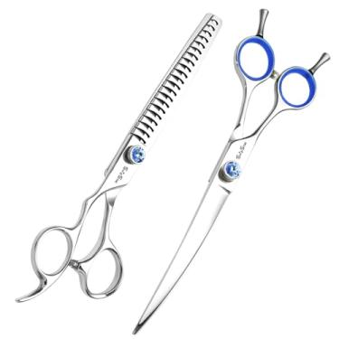 Imagem de 7 polegadas esquerda 30 ° curvo cão cuidado tesoura, japonês VG10 aço profissional animal de estimação tesoura, 18 dentes chunker com segurança sem ruído ponta blunt