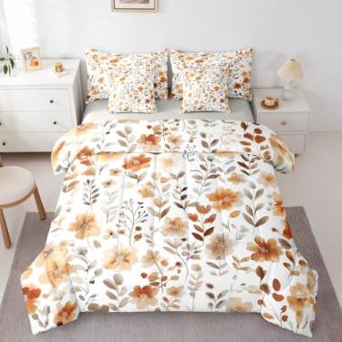 Imagem de Erosebridal Conjunto de edredom vintage floral completo com lençóis, bege bege e laranja, 7 peças, para crianças, meninas, cama em um saco, flores silvestres Boho com elástico + lençol de cima