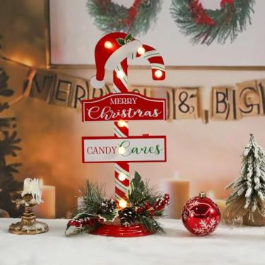 Imagem de Vigdur Decoração de bengala doce de Natal – Enfeite de mesa de bengala doce de metal pré-iluminado de 40,6 cm com luzes LED e temporizador, placa de Natal com iluminação a bateria para prateleira de