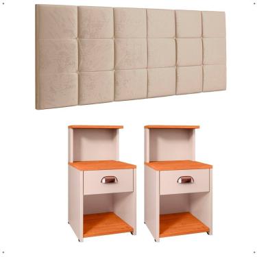 Imagem de Kit Quarto 2 Mesinhas Cléo Pequena Gaveta Nicho Mudo Retrô Cabeceira Estofada Suspensa Bia Cama Box Casal 1,40 - RPM