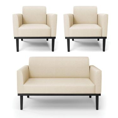 Imagem de Sofá Namoradeira Com 2 Poltronas Base De Madeira Fixa Preto Marisa Linho D03 - D'Rossi A19 Bege