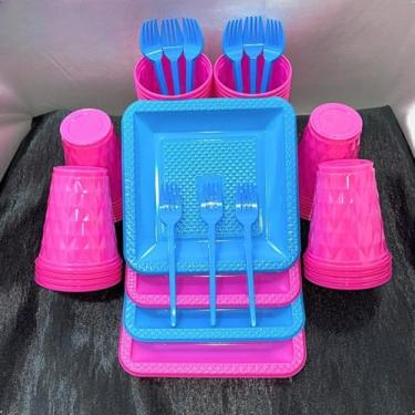 Imagem de Conjunto de luxo descartável para festas de aniversário com 260 peças Pratos quadrados de plástico colorido com efeito perolado Cores doces (Pink Azul)