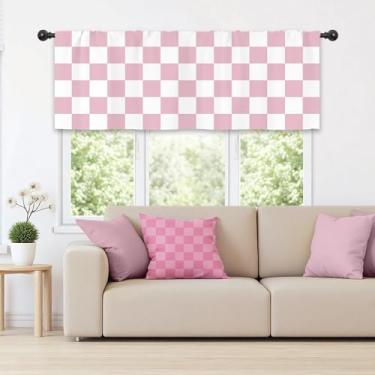 Imagem de Mitpok Cortinas de saia xadrez rosa e branca para quarto 132 cm L x 45 cm Bolso de varão abstrato moderno Y2K anos 2000 anos 70 vintage bonito hippie Groovy Estética 1 painel conjunto de tratamento de
