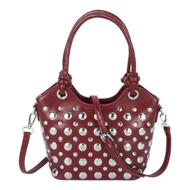 Imagem de Bolsa feminina de ombro com strass, camurça sintética, cristal, glitter, alça superior com correntes, bolsa nas axilas, Bolsa B-mini rebites, vermelha, 17*10*15cm