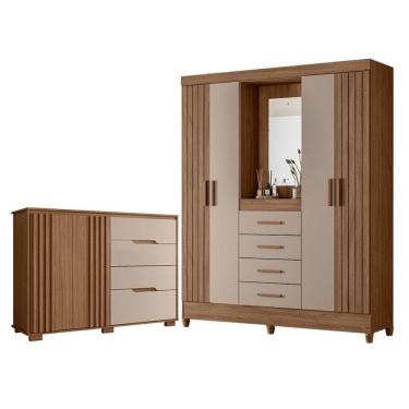 Imagem de Guarda Roupa Solteiro Com Espelho Atenas E Cômoda Texas Carvalho Fendi - Moval