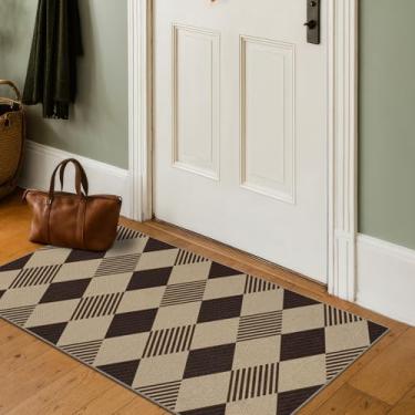 Imagem de Tapete de entrada de diamante de juta fácil 2x4 - Tapete xadrez para pátio, cozinha, quarto, casa, escritório, tecido, lavável, bege, preto, geométrico, decoração para porta da frente