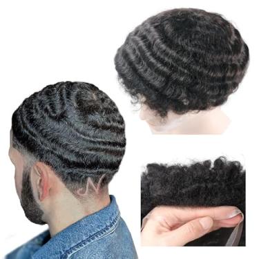 Imagem de lumeng Toupee masculina encaracolada masculina peruca de renda francesa ondulada peruca 20,3 x 25,4 cm unidade de renda masculina afro solta cacheada #1B Off Black peça de cabelo de substituição 120%