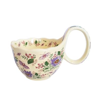 Imagem de JMCRATE Caneca de cerâmica grande jardim borboleta com alça grande feita à mão, xícara de chá com padrão floral de 400 ml, presente para mulheres, novidade, irregular, grande, canecas de Natal para