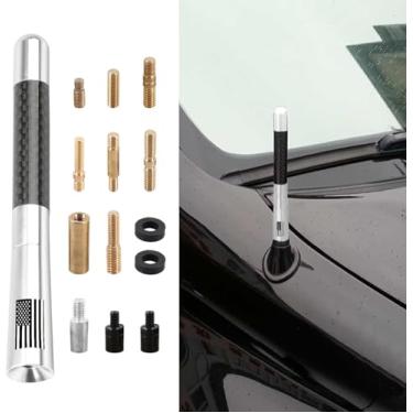 Imagem de Couslcd Antena curta de carro, antena de rádio automática de alumínio com bandeira americana de fibra de carbono de 12 cm para recepção AM/FM, antena de substituição universal para carro com 9